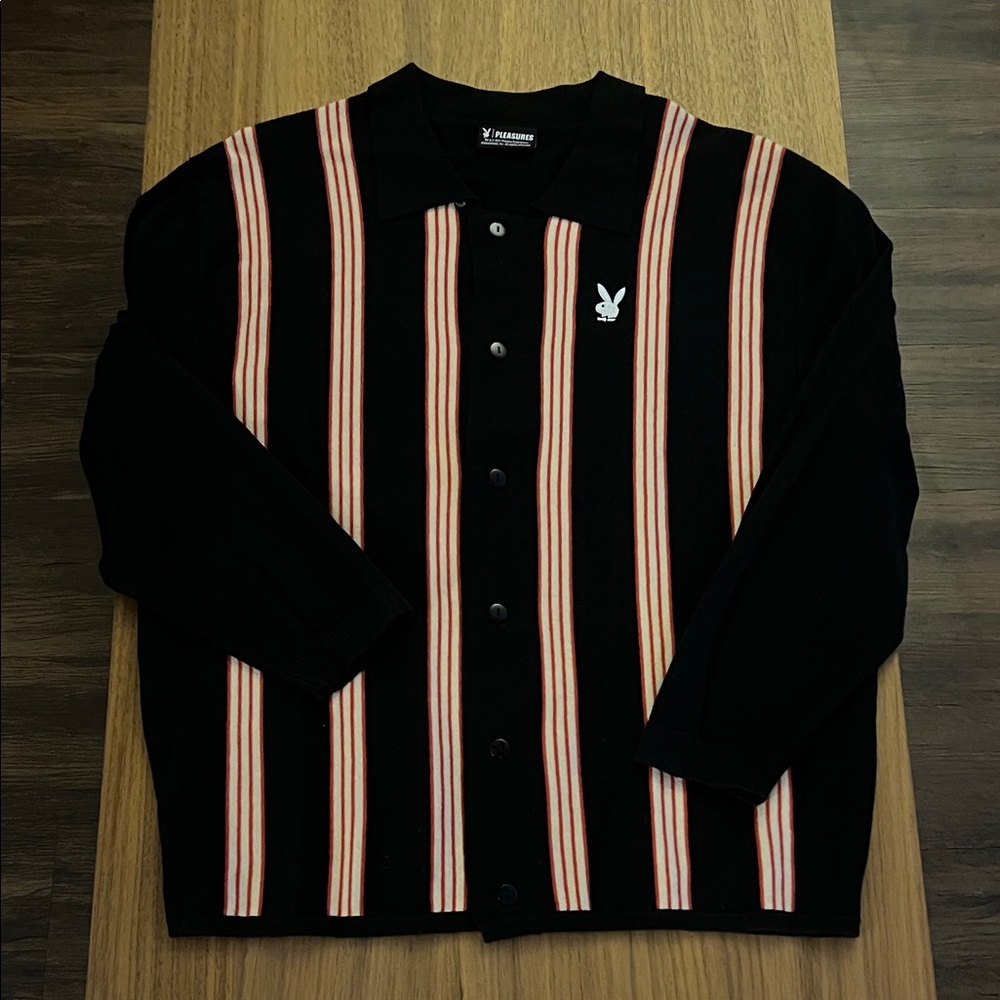 Playboy Black and Red Striped Men's Casual Button Down Shirt - Picture 1 of 5